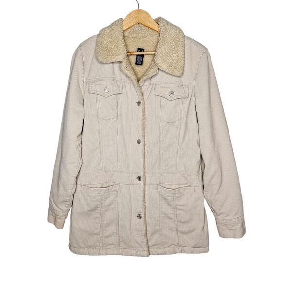 GAP Y2K Corduroy Jacket Sherpa Lined Mid Length Coat Womens L Trucker Chore - Picture 1 of 10